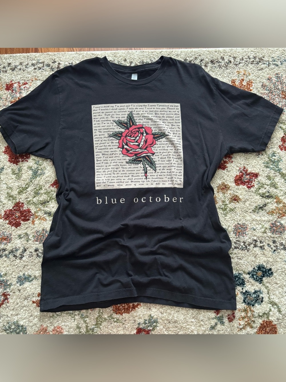 Unisex Black Blue October Tee with Rose Design